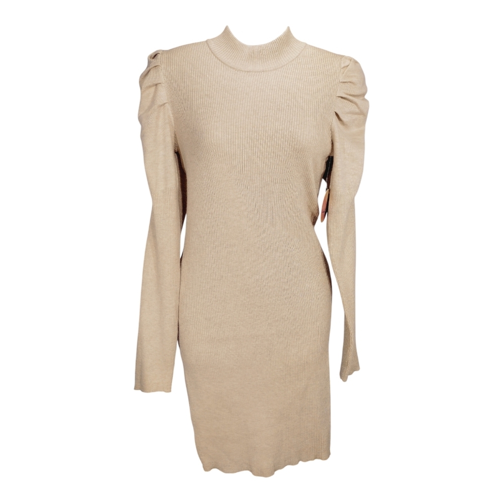 Fashion Nova Love Always Dress Women Size XL Oatmeal Knit Puff Sleeves